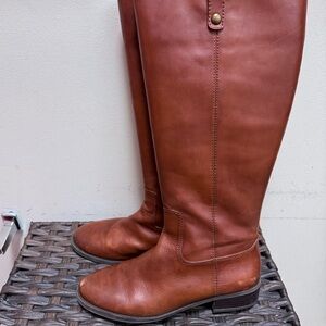 INC International Concepts Cognac Tall Leather Riding Boots, Size 10 Wide Calf